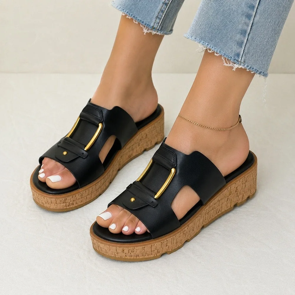 Franco Sarto Hesta Platform Sandals Womens 9.5M Black Cork Wedge Slide